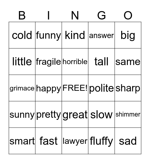 Synonym Bingo Card