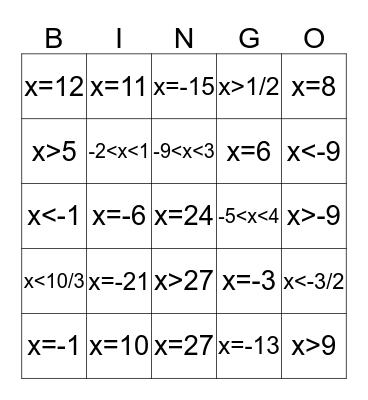 Solving Absolute Value Bingo Card