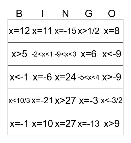 Solving Absolute Value Bingo Card