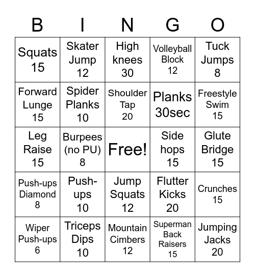 Exercise BINGO Fauzi Bingo Card