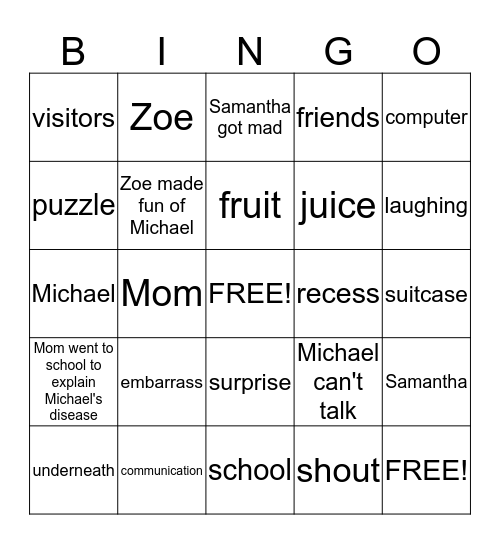 Samantha's Brother Bingo Card