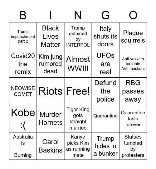 2020 Most Insane Year EVER Bingo Card