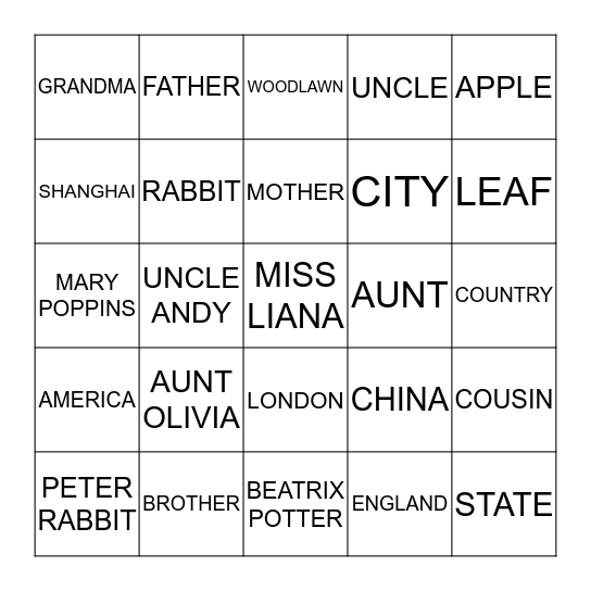 Noun Bingo Card