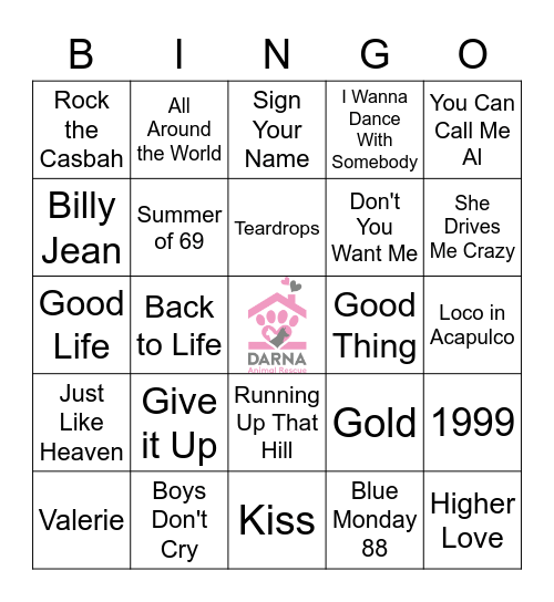 D.A.R.N.A Animal Rescue - Musical Bingo: 80s Bingo Card