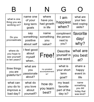 Getting to know others and myself Bingo Card