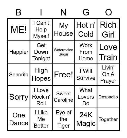 Juke Box Bingo Card