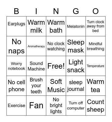 Sleep Hygiene Bingo Card