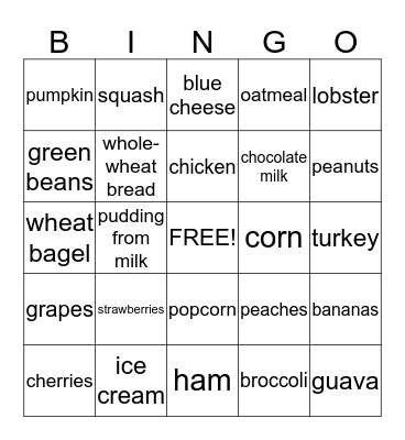 Nutrition BINGO Card