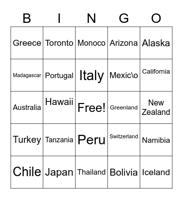 Places of the World Bingo Card