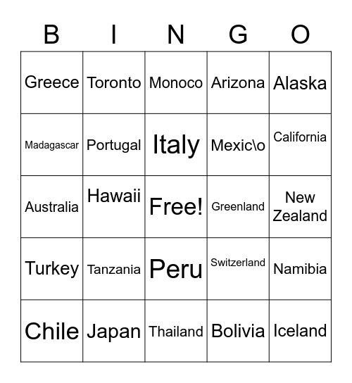 Places of the World Bingo Card