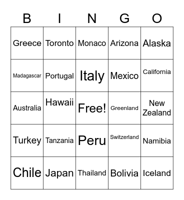 Places of the World Bingo Card