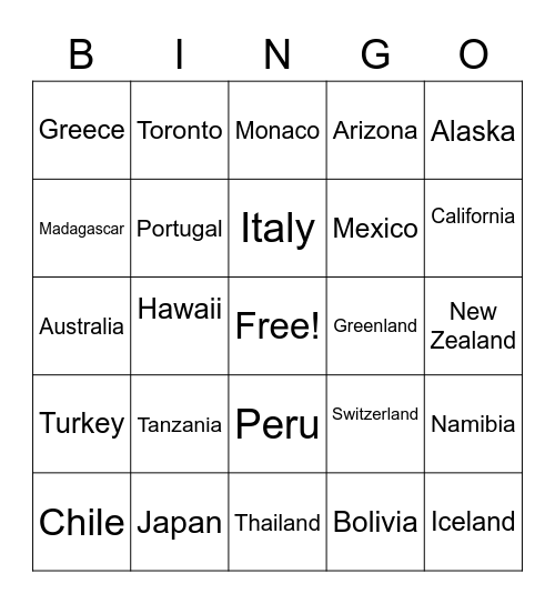 Places of the World Bingo Card