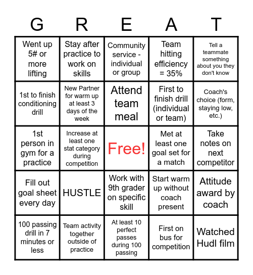 Weekly Practice Goals Bingo Card