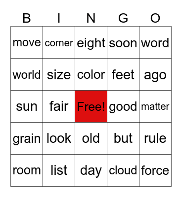 Sight Word Bingo Card