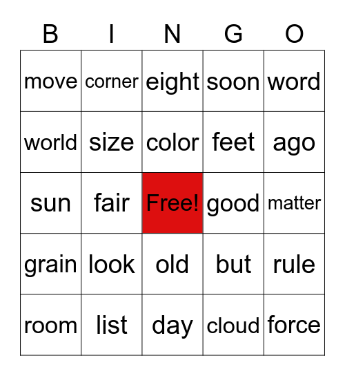 Sight Word Bingo Card