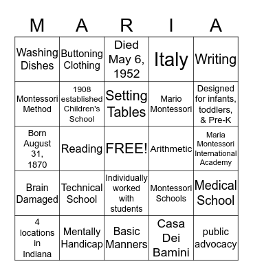 Maria Montessori Bingo Card