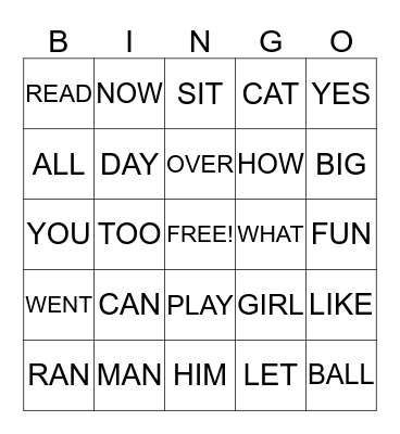 SIGHT WORD BINGO Card