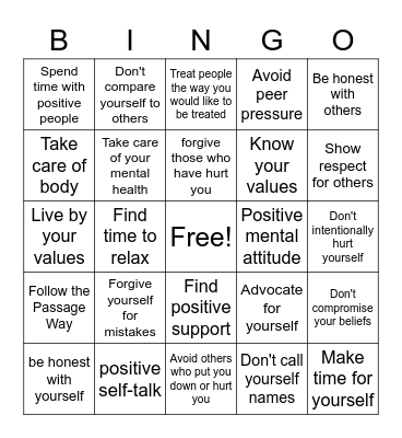 Self-Respect Bingo Card