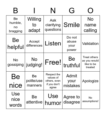 Respect For Others Bingo Card