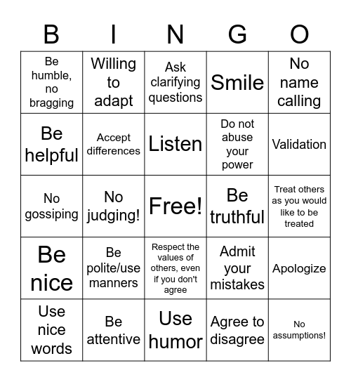 Respect For Others Bingo Card