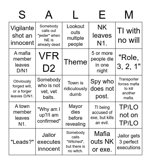 Town of Salem Bingo Card