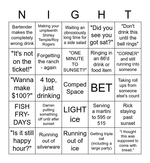 Jimmy's After Hours Bingo Card