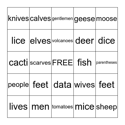 IRREGULAR PLURAL NOUNS Bingo Card