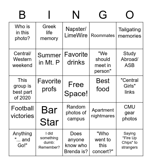Central Michigan University 2000s Bingo Card