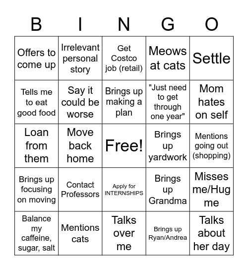 Call with Mother Bingo Card