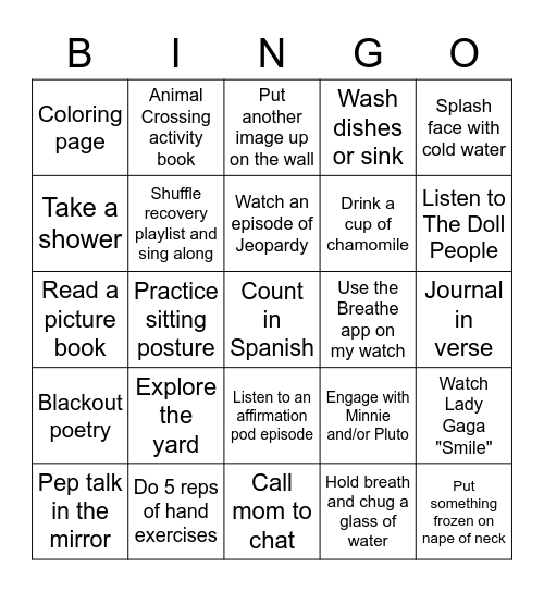 Distress Tolerance Bingo 7-15-20 Bingo Card