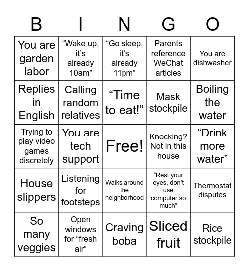 Quarantine at Home (Asian Edition) Bingo Card