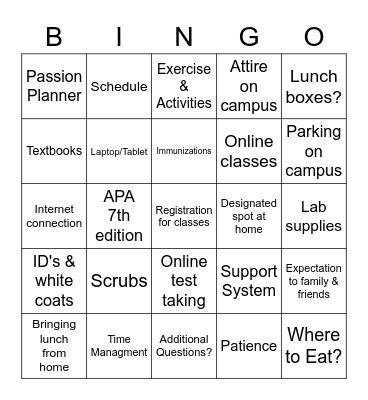 New Student BINGO Card