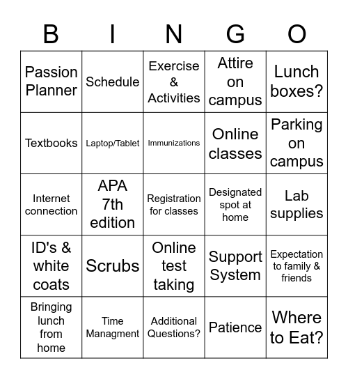 New Student BINGO Card