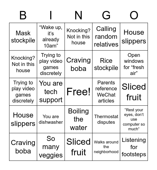 Quarantine at Home (Asian edition) Bingo Card