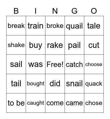 Past Tense verbs Bingo Card