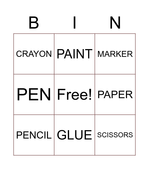 ART SUPPLIES Bingo Card