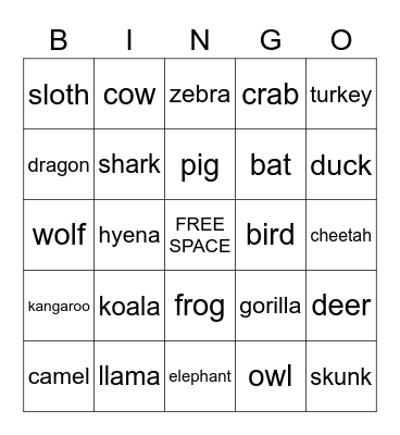 Animal Bingo!! Bingo Card
