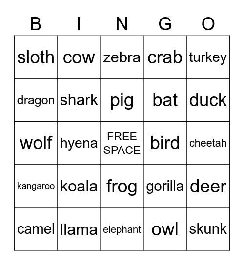 Animal Bingo!! Bingo Card