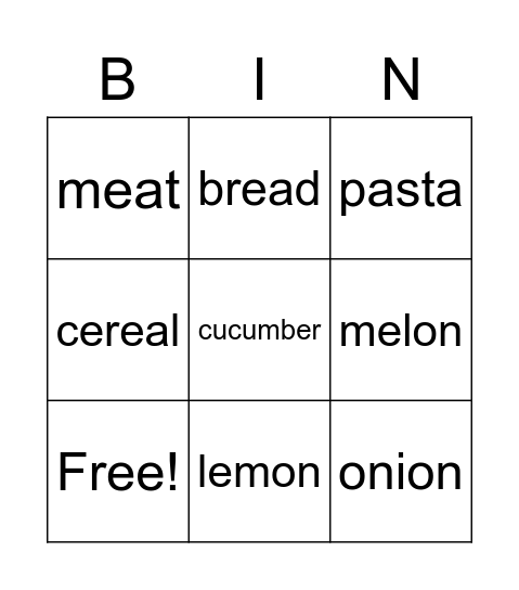 Food Bingo Card