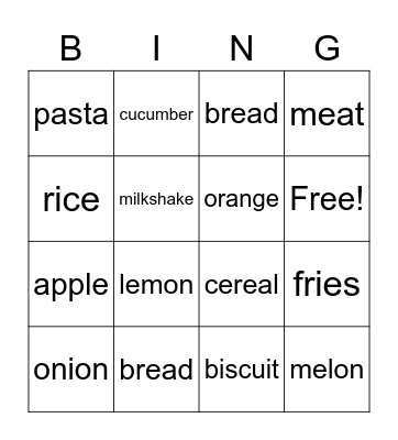 Food Bingo Card