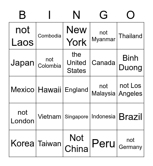 I'm (not) from... Bingo Card