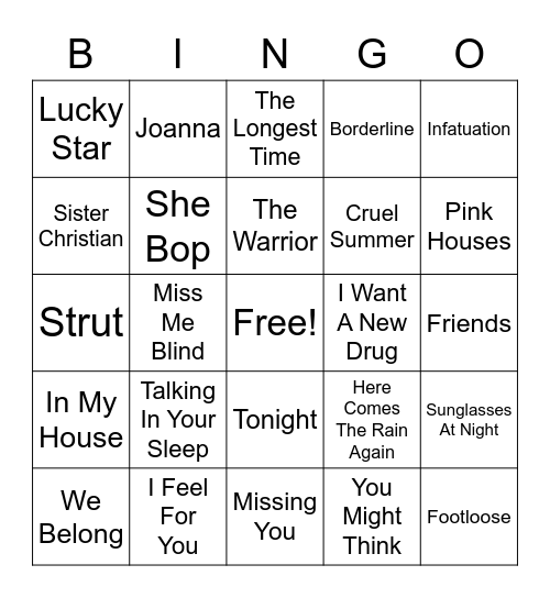 80s Hits Bingo Card