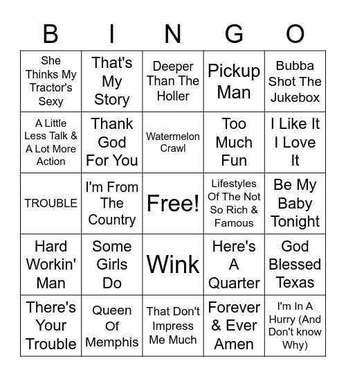 90s Country Bingo Card