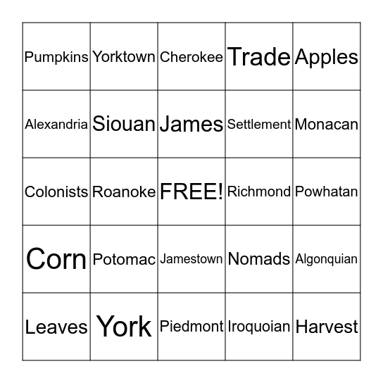 Native Americans Bingo Card