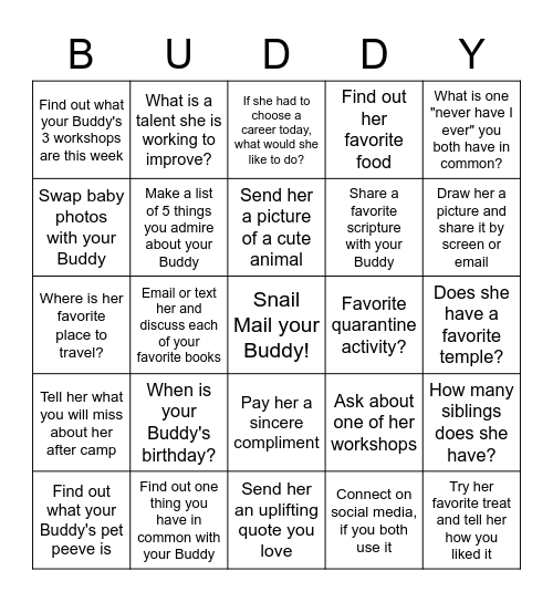 Camp Buddy Bingo Card