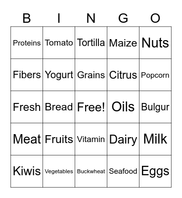 Nutrition Bingo Card