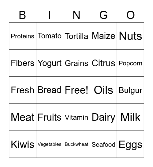 Nutrition Bingo Card