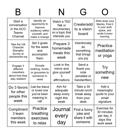 Resiliency Bingo Card