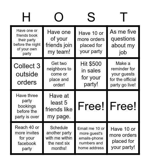 Scentsy Hostess Bingo Card