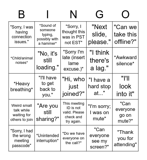 Conference Call Bingo Card